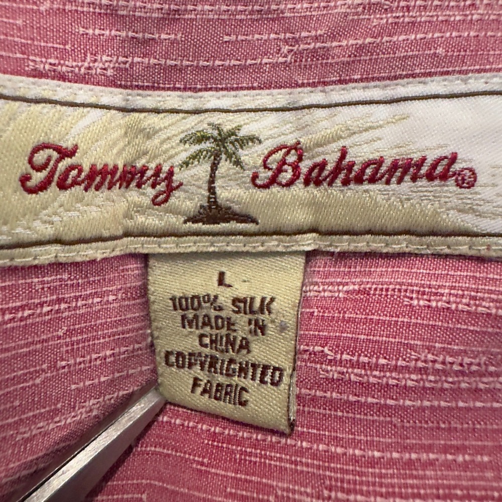 Tommy Bahama Silk Camp Shirt Men's Large Salmon Pink Tropical Leaf Short Sleeve - Picture 7 of 8